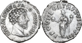 Marcus Aurelius (161-180). AR Denarius, Rome mint, 161-162 AD. Obv. IMP M ANTONINVS AVG. Bare head right. Rev. PROV DEOR TR P XVI COS III. Providentia...