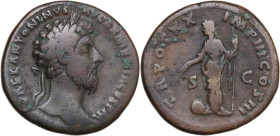 Marcus Aurelius (161-180). AE Sestertius, 165-166 AD. Obv. M AVREL ANTONINVS AVG ARMENIACVS P M. Laureate head right. Rev. TR POT XX IMP III COS III S...