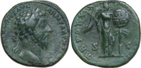 Marcus Aurelius (161-180). AE Sestertius, 166 AD. Obv. [M AVREL ANTO]NINVS AVG ARM PARTH [MAX]. Laureate bust right. Rev. TR POT XX [IMP IIII COS III]...