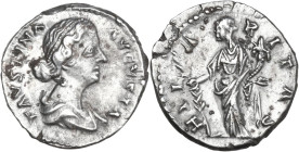 Faustina II, wife of Marcus Aurelius (died 176 AD). AR Denarius, 161-175. Obv. FAVSTINA AVGVSTA. Draped bust right. Rev. HILARITAS. Hilaritas standing...