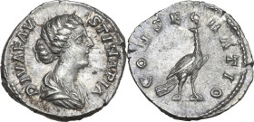 Faustina II, wife of Marcus Aurelius (died 176 AD). AR Denarius, Rome mint, 176-180. Obv. DIVA FAVSTINA PIA. Draped bust right. Rev. CONSECRATIO. Peac...