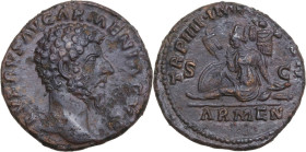 Lucius Verus (161-169). AE As, Rome mint. Struck under Marcus Aurelius, 164 AD. Obv. L VERVS AVG ARMENIACVS. Bare head right. Rev. ARMEN (in exergue) ...