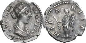 Lucilla, wife of Lucius Verus (died 183 AD). AR Denarius, Rome mint, 164-166/7. Obv. LVCILLA AVGVSTA. Draped bust right. Rev. HILARITAS. Hilaritas sta...