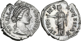 Lucilla, wife of Lucius Verus (died 183 AD). AR Denarius, 164-180. Obv. LVCILLAE AVG ANTONINI AVG F. Draped bust right. Rev. IVNONI LVCINAE. Juno stan...