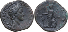 Commodus (177-192). AE Sestertius, 179 AD. Obv. L AVREL COMMODVS AVG TR P [III]. Laureate and draped bust right. Rev. IMP III C[O]S II P P. Minerva st...