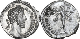 Commodus (177-192). AR Denarius, 181-182 AD. Obv. M COMMODVS ANTONINVS AVG. Laureate head right. Rev. TR P VII IMP IIII COS III PP. Mars advancing rig...