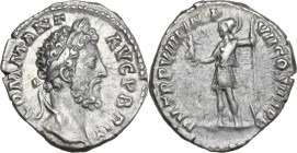 Commodus (177-192). AR Denarius, Rome mint, 184 AD. Obv. COMM ANT AVG P BRIT. Laureate head right. Rev. P M TR P VIIII IMP VII COS IIII P P. Roma stan...