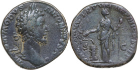 Commodus (177-192). AE Sestertius, 181-182 AD. Obv. M COMMODVS ANTONINVS AVG. Laureate head right. Rev. SALVS AVG TR P VII IMP IIIICOS III P P SC. Sal...