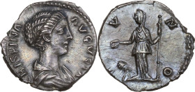 Crispina, wife of Commodus (died 183 AD). AR Denarius. Rome mint, 178-182. Obv. CRISPINA AVGVSTA. Draped bust right. Rev. IVNO. Juno standing left, ho...
