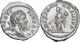 Septimius Severus (193-211). AR Denarius, Rome mint, 206 AD. Obv. SEVERVS PIVS AVG. Laureate head right. Rev. P M TR P XIIII COS III PP. Annona standi...
