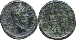 Septimius Severus (193-211). AE Sestertius, 210 AD. Obv. L SEPT SEVERVS PIVS AVG. Laureate bust right, slight drapery on far shoulder. Rev. P M TR P X...