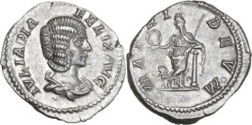 Julia Domna (died 217 AD.). AR Denarius, c. 211-217 AD. Obv. IVLIA PIA FELIX AVG. Draped bust right. Rev. MATRI DEVM. Cybele, standig left; holding dr...