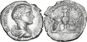 Caracalla as Caesar (195-198 AD). AR Denarius, 196 AD. Obv. M AVR ANTONINVS CAES. Bare-headed and draped bust right. Rev. SEVERI AVG PII FIL. Lituus, ...