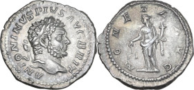 Caracalla (198-217). AR Denarius, 210-213 AD. Obv. ANTONINVS PIVS AVG BRIT. Laureate head right. Rev. MONETA AVG. Moneta standing facing, head left, h...