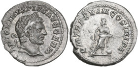 Caracalla (198-217). AR Denarius, Rome mint. Obv. ANTONINVS PIVS AVG GERM. Laureate bust to right. Rev. P M TR P XVIII COS IIII P P. Asclepius standin...