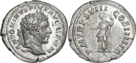 Caracalla (198-217). AR Denarius, Rome mint. 215 AD. Obv. ANTONINVS PIVS AVG GERM. Laureate head right. Rev. P M TR P XVIII COS IIII P P. Pax standing...