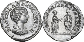 Plautilla (died 212 AD). AR Denarius, Rome mint, 202-205. Obv. Draped bust right. Rev. CONCORDIAE AETERNAE. Caracalla, togate, standing left, clasping...