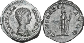 Plautilla (died 212 AD). AR Denarius, Rome mint, 202-203. Obv. PLAVTILLA AVGVSTA. Draped bust right. Rev. CONCORDIA AVGG. Concordia standing left, hol...