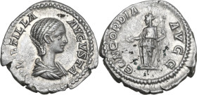 Plautilla (died 212 AD). AR Denarius, Rome mint, 202-203. Obv. PLAVTILLA AVGVSTA. Draped bust right. Rev. CONCORDIA AVGG. Concordia standing left, hol...