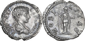 Geta as Caesar (198-209). AR Denarius, Rome mint, 200-202 AD. Obv. P SEPT GETA CAES PONT. Bare-headed, draped and cuirassed bust right. Rev. NOBILITAS...