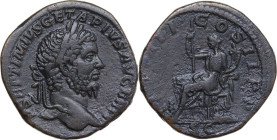 Geta (198-212). AE Sestertius, c. 211 AD. Obv. P SEPTIMIVS GETA PIVS AVG BRIT. Laureate bust right. Rev. [TR P] III COS II PP SC. Woman seated left, h...