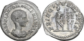 Diadumenian as Caesar (217-218). AR Denarius. Rome mint, 217 AD. Obv. M OPEL ANT DIADVMENIAN CAES. Bare-headed, draped and cuirassed bust right. Rev. ...
