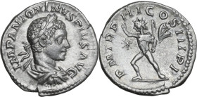 Elagabalus (218-222 AD). AR Denarius. Rome mint, 220 AD. Obv. IMP ANTONINVS PIVS AVG. Laureate, draped and cuirassed bust right. Rev. P M TR P III COS...