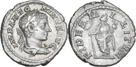 Elagabalus (218-222). AR Denarius, 219-220. Obv. IMP ANTONINVS AVG. Laureate and draped bust right. Rev. FIDES MILITVM. Fides standing facing, head ri...