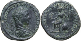 Elagabalus (218-222). AE Sestertius, 219 AD. Obv. IMP CAES M AVR ANTONINVS PIVS AVG. Laureate, draped and cuirassed bust right. Rev. PONTIF MAX TR P I...