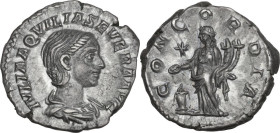 Aquilia Severa, second wife of Elagabalus (220-222). AR Denarius. Rome mint, 220-222 AD. Obv. IVLIA AQVILIA SEVERA AVG. Draped bust right. Rev. CONCOR...