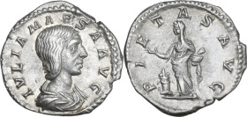 Julia Maesa, grandmother of Elagabalus (died 225 AD). AR Denarius, Rome mint, 218-220 AD. Obv. IVLIA MAESA AVG. Draped bust right. Rev. PIETAS AVG. Pi...