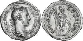 Severus Alexander (222-235). AR Denarius, 228 AD. Obv. IMP C M AVR SEV ALEXAND AVG. Laureate and draped bust right. Rev. P M TR P VII COS II P P. Mars...