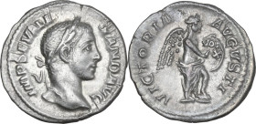 Severus Alexander (222-235). AR Denarius, 230 AD. Obv. IMP SEV ALEXAND AVG. Laureate head right. Rev. VICTORIA AVGVSTI. Victory standing right, foot o...