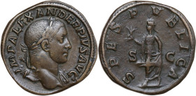 Severus Alexander (222-235). AE Sestertius, c. 231-235 AD. Obv. IMP ALEXANDER PIVS AVG. Laureate bust right, with slight drapery on left shoulder. Rev...