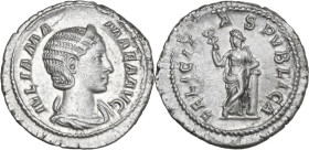 Julia Mamaea, mother of Severus Alexander (died 235 AD). AR Denarius. Struck under Severus Alexander, 228 AD. Obv. IVLIA MAMAEA AVG. Diademed and drap...