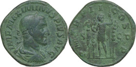 Maximinus I (235-238). AE Sestertius, Rome mint. Obv. IMP MAXIMINVS PIVS AVG. Laureate, draped and cuirassed bust right. Rev. PM TR P II COS PP SC. Em...