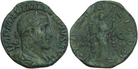 Maximinus I (235-238). AE Sestertius, 235-236 AD. Obv. IMP MAXIMINVS PIVS AVG. Laureate, draped and cuirassed bust right. Rev. FIDES MILITVM SC. Fides...