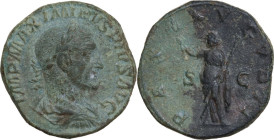 Maximinus I (225-238). AE Sestertius, 236-237 AD. Obv. IMP MAXIMINVS PIVS AVG. Laureate, draped and cuirassed bust right. Rev. PAX AVGVSTI SC. Pax sta...