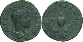Maximus as Caesar (235-238). AE Sestertius, 236-238 AD. Obv. MAXIMVS CAES GERM. Bare-headed and draped bust right. Rev. PIETAS AVG SC. Jug between lit...