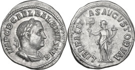 Balbinus (238 AD). AR Denarius, Rome mint. Obv. IMP C D CAEL BALBINVS AVG. Laureate, draped and cuirassed bust right, seen from front. Rev. LIBERALITA...