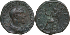 Pupienus (238 AD). AE Sestertius. Obv. IMP CAES PVPIEN MAXIMVS AVG. Laureate, draped and cuirassed bust right. Rev. PAX PVBLICA SC. Pax seated left, h...
