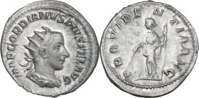 Gordian III (238-244). AR Antoninianus, 238-239. Obv. IMP GORDIANVS PIVS FEL AVG. Radiate, draped and cuirassed bust right. Rev. PROVIDENTIA AVG. Prov...