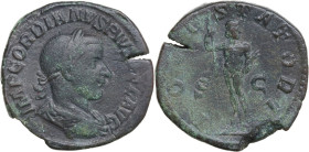 Gordian III (238-244). AE Sestertius, Rome mint, 241-244. Obv. IMP GORDIANVS PIV[S F]EL AVG. Laureate, draped and cuirassed bust right. Rev. IOVI STAT...