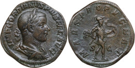 Gordian III (238-244). AE Sestertius, Rome mint, 244 AD. Obv. IMP GORDIANVS PIVS FEL AVG. Laureate, draped and cuirassed bust right. Rev. MARS PROPVGN...