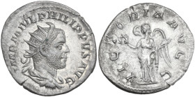 Philip I (244-249). BI Antoninianus, Rome mint. Obv. IMP M IVL PHILIPPVS AVG. Radiate, draped and cuirassed bust right. Rev. VICTORIA AVG. Victory adv...