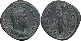 Philip I (244-249). AE Sestertius, 244-249 AD. Obv. IMP M IVL PHILIPPVS AVG. Laureate, draped and cuirassed bust right. Rev. AEQVITAS AVGG SC. Aequita...