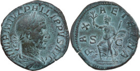 Philip I (244-249). AE Sestertius. Rome mint. Obv. IMP M IVL PHILIPPVS AVG. Laureate, draped and cuirassed bust right. Rev. PAX AETERNA. Pax running l...