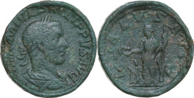 Philip I (244-249). AE Sestertius, 244-249. Obv. IM[P] M IVL PHILIPPVS AVG. Laureate, draped and cuirassed bust right. Rev. SALVS AVG SC. Salus, stand...