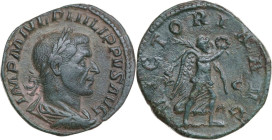 Philip I (244-249). AE Sestertius, 244-249 AD. Obv. IMP M IVL PHILIPPVS AVG. Laureate, draped and cuirassed bust right. Rev. VICTORIA AVG SC. Victory ...