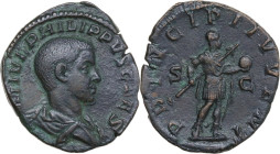 Philip II as Caesar (244-247). AE Sestertius, Rome mint. Obv. M IVL PHILIPPVS CAES. Bare-headed, draped and cuirassed bust right. Rev. PRINCIPI IVVENT...